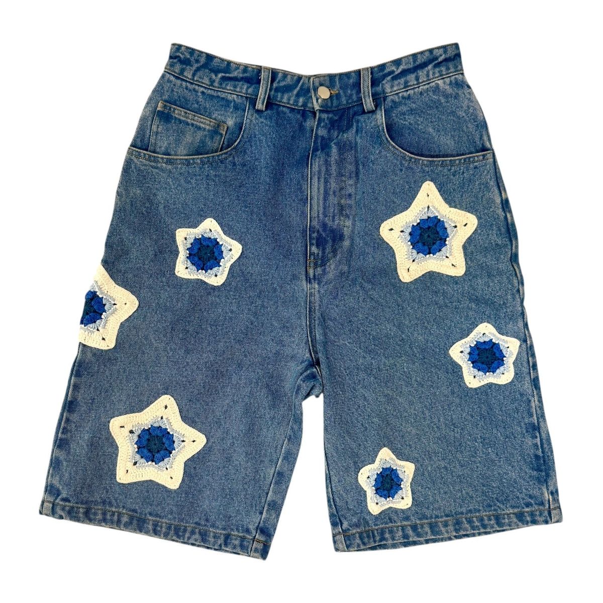 ARKYVE Blue Star Crochet Patch Denim Shorts